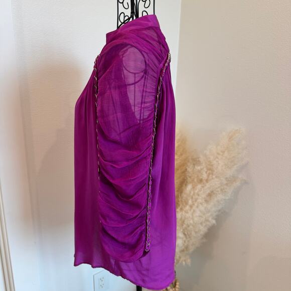 Sachin & Babi Silk Mock Neck Purple Sheer Ruched Sleeve Blouse Small - Picture 2 of 7